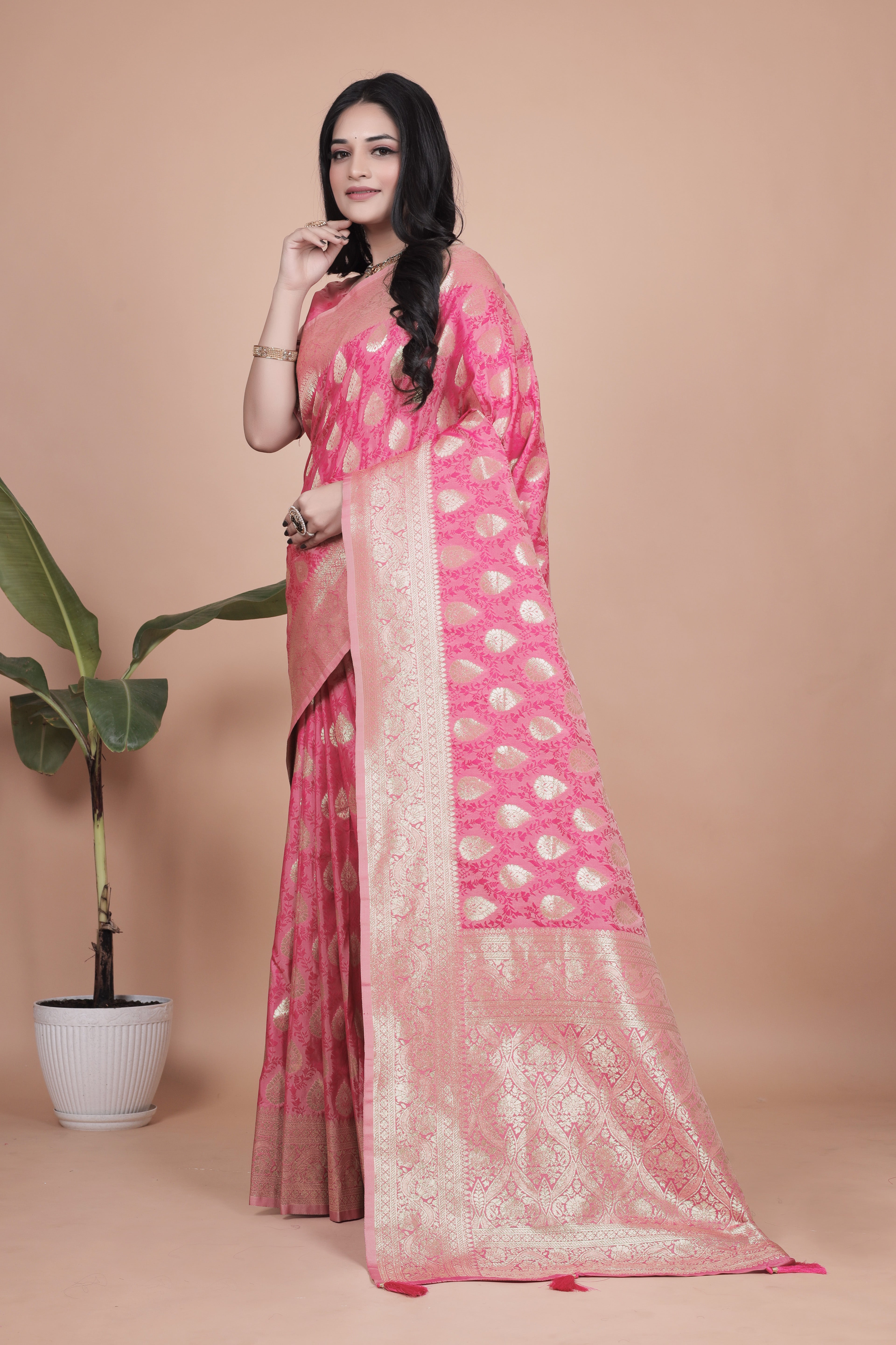 Banarasi Silk Saree with Golden Zari Weaving with 4 color option
